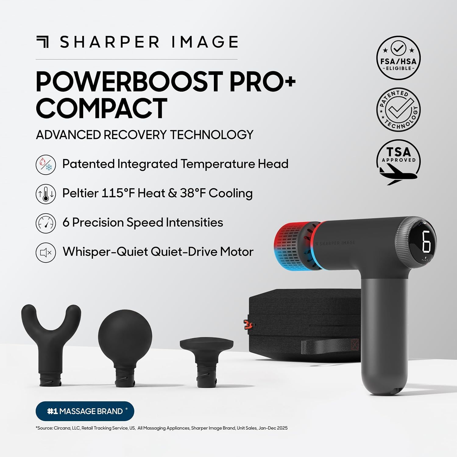 Sharper Image Powerboost Pro+ Hot & Cold Compact Percussion Massager, Dual-Temperature Node, Soothing Heat & Cold Therapy, 6 Speed, 4 Attachments, Lightweight Portable Athlete Recovery, Travel Case
