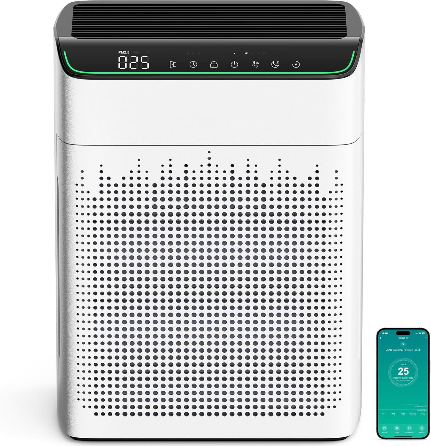 MERONTE Air Purifiers for Bedroom Large Room Home, Up to 1690² with PM 2.5 Air Quality Monitor, Wi-Fi and Alexa Compatible, HEPA Filter Double-sided Air Inlet for Smoke Odor Dust, 23dB Quiet Ivory