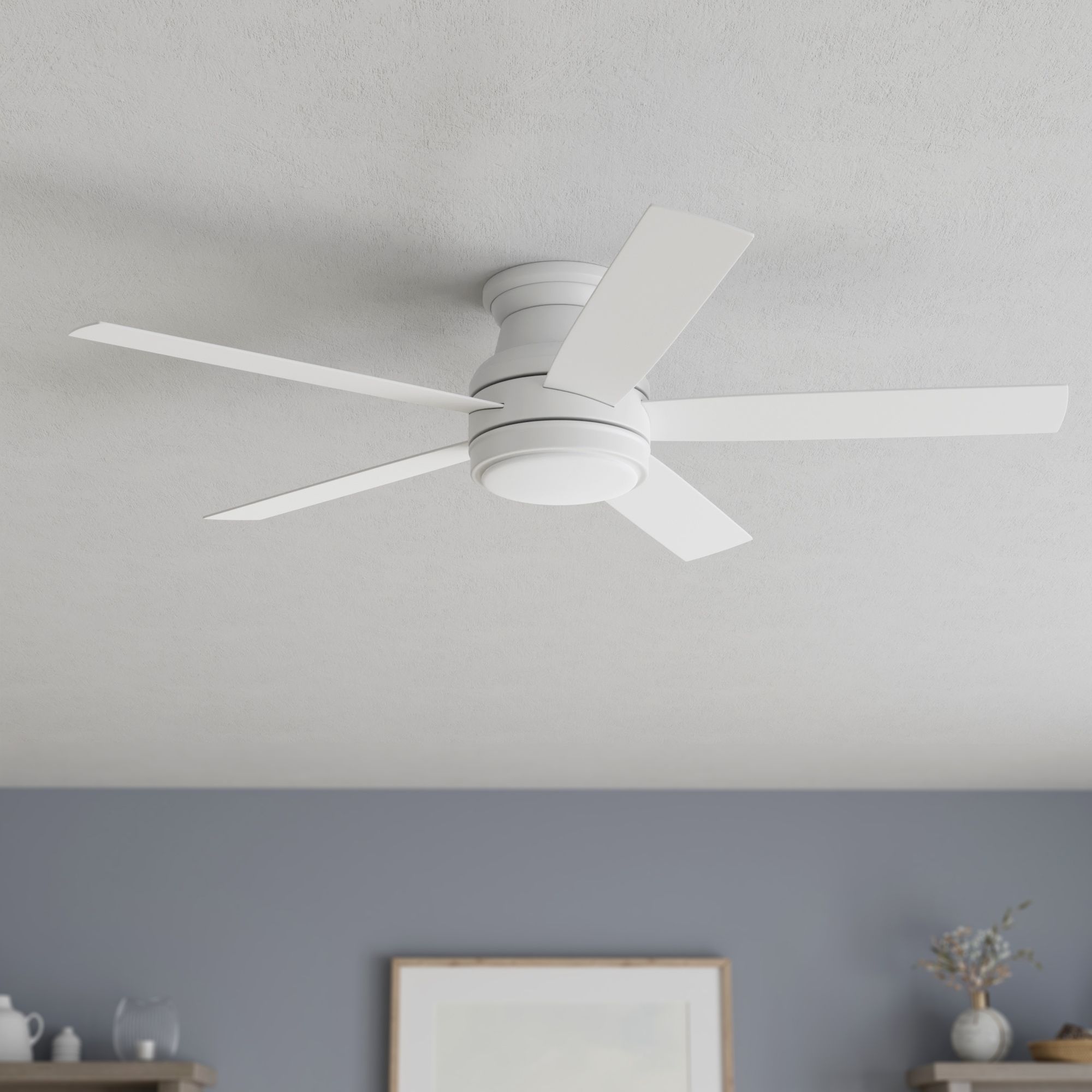 Harbor Breeze Calverton 52-in White with White/Driftwood Blades LED Flush Mount Ceiling Fan With Light and Remote Control Included 5 -Blade