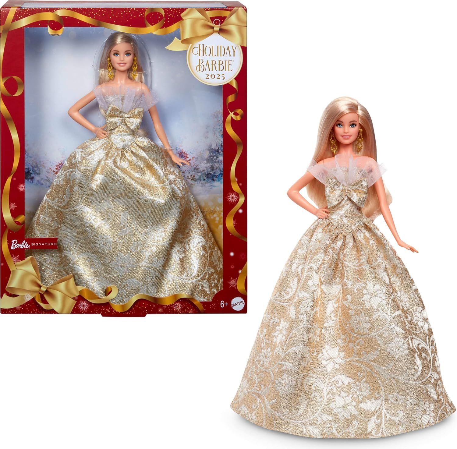 Barbie Signature 2025 Holiday Barbie Fashion Doll with Blonde Hair Wearing Silver & Gold Gown, Seasonal Collectible Includes Displayable Packaging & Doll Stand