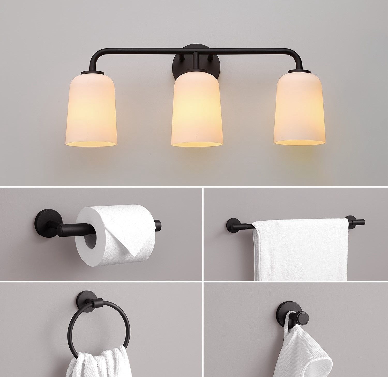 Globe Electric 5 -Piece Matte Black Decorative Bathroom Hardware Set Towel Bar, Toilet Paper Holder, Towel Ring ,Robe Hook Included